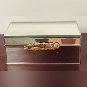 Vintage Beveled Mirrored Jewelry Box Gold Feather Handle Vanity Storage Case